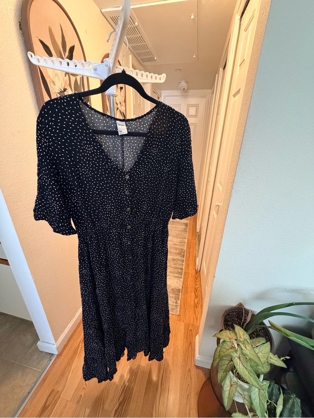 V-Neck Black Midi Dress with White Dot Print